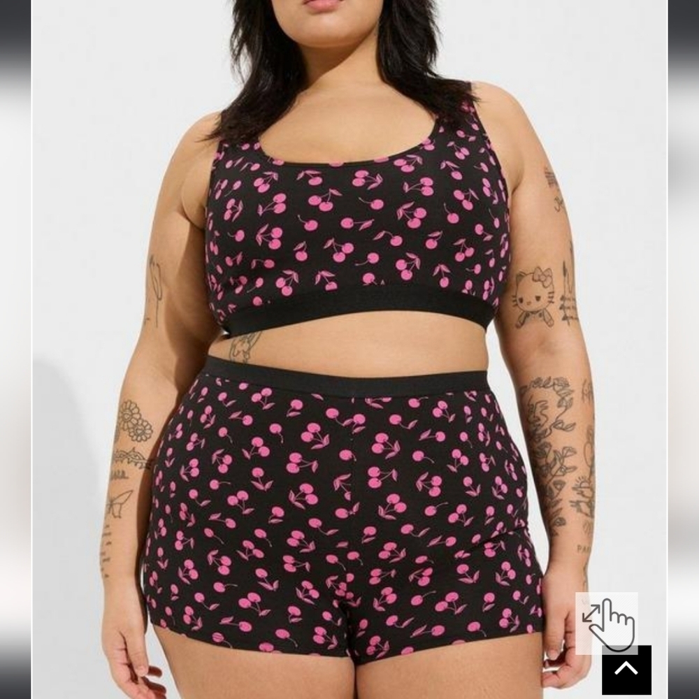 🆕️🍒 1X CHERRY PRINT COTTON SCOOP BRALETTE & HIGH RISE SHORTIE PANTY SET